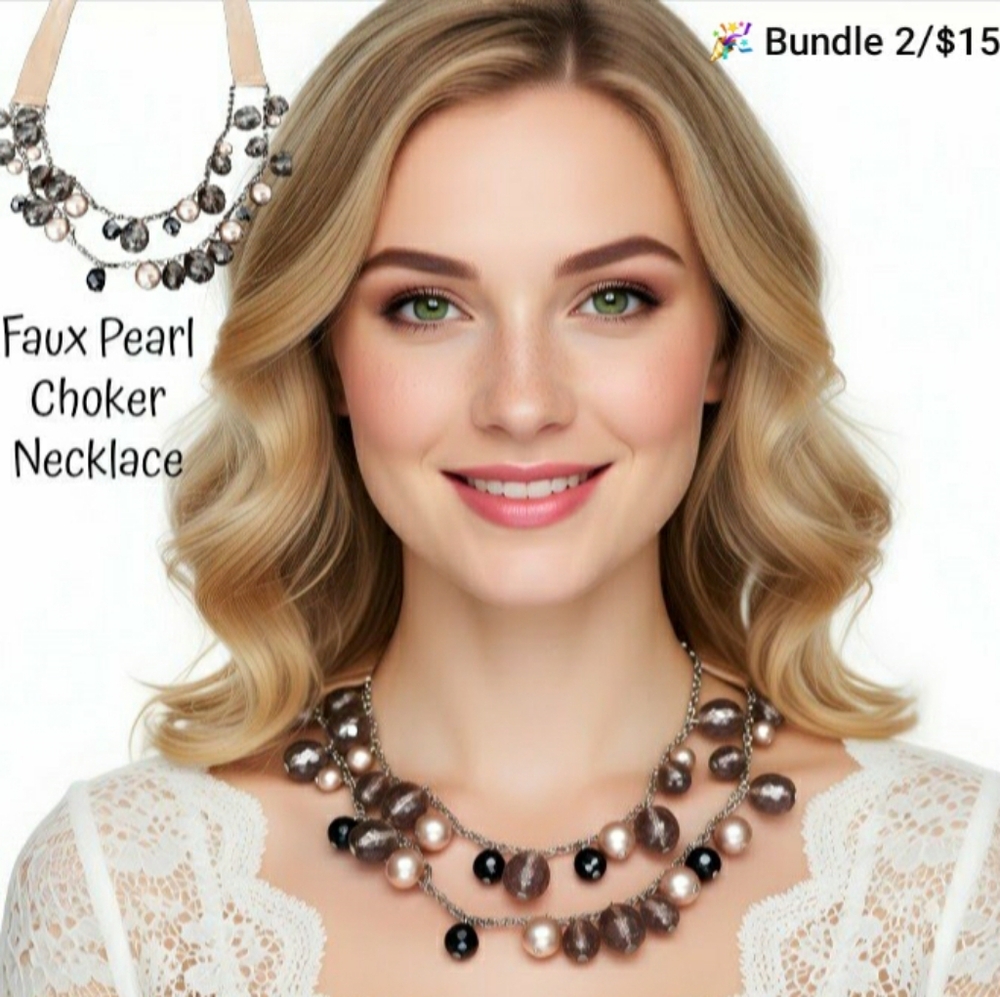 Faux Pearl Double Strand Ribbon Necklace / Multicolor Pearl Choker Necklace